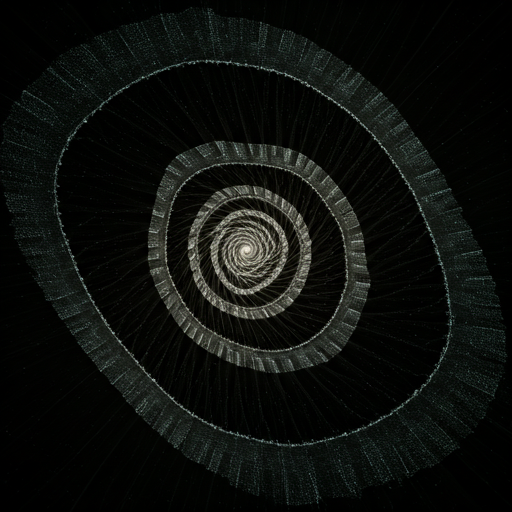 Intricate glowing white spiral composed of mathematical data points